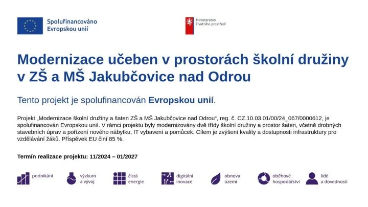 Banner projektu Modernizace učeben v prostorách školní družiny